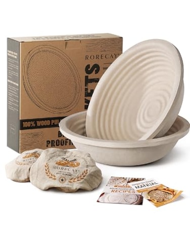 rorecay Wood Pulp Banneton Bread Proofing Baskets Set of 2 9 Inch Round 22LB Sourdough Banneton Basket with Liner NonStick Dough Proofing Bowl for Rising and Baking