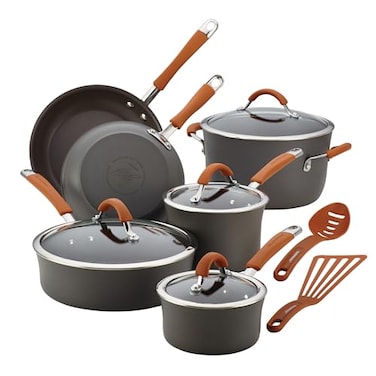 Rachael Ray Cucina Dishwasher Safe Hard Anodized Nonstick Cookware Pots and Pans Set 12 Piece Gray with Orange Handles