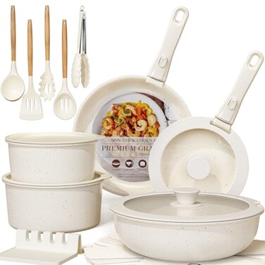 Astercook 21 Pcs Pots and Pans Set Non Stick Ceramic Cookware Set Detachable Handle RV Kitchen Cooking Set Removable Handles Oven Safe Induction Ready Stackable Cream Fathers Day Gift for Men