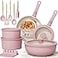 Astercook 21 Pcs Pots and Pans Set Non Stick Ceramic Cookware Set Detachable Handle RV Kitchen Cooking Set Removable Handles Oven Safe Induction Ready Stackable Pink Fathers Day Gift for Men