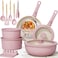 Astercook 21 Pcs Pots and Pans Set Non Stick Ceramic Cookware Set Detachable Handle RV Kitchen Cooking Set Removable Handles Oven Safe Induction Ready Stackable Pink Fathers Day Gift for Men