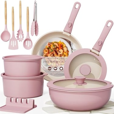 Astercook 21 Pcs Pots and Pans Set Non Stick Ceramic Cookware Set Detachable Handle RV Kitchen Cooking Set Removable Handles Oven Safe Induction Ready Stackable Pink Fathers Day Gift for Men