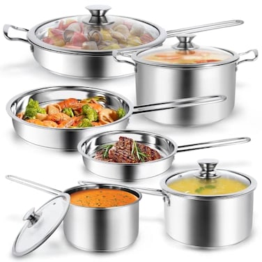Aufranc 10Piece Pots and Pans Set Stainless Steel Cookware Set Includes Ergonomic Handle Saucepans Skillets Dutch Oven Stockpot Steamer More Premium Pots and Pans for Home Chefs