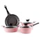 Neoflam Eela 7pc Ceramic Coated Nonstick Cookware PotsPan Set with Saucepan Frying Pan Casserole Stockpot Glass Lids Silicone Hot Handle Holder Included 7PiecePink