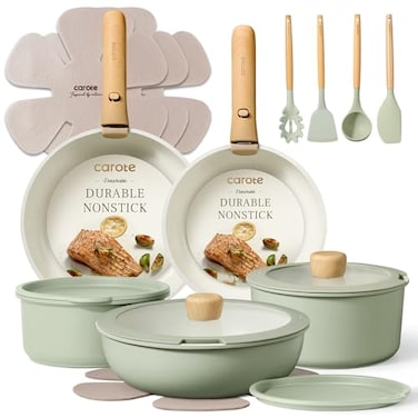 CAROTE Pots and Pans Set Nonstick Cookware Set Detachable Handle 19pcs Induction Kitchen Cookware Sets Non Stick with Removable Handle RV Cookware Set Oven Safe Sage Green