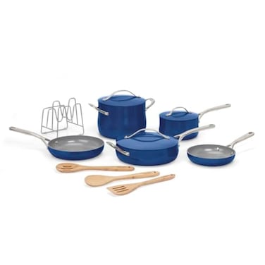 Cuisinart Ceramic Cookware Set Nonstick 12Piece Pots and Pans Set for Even Heat Cooking Dishwasher Safe Stainless Steel Handles Easy Cleanup Sapphire 34C12SP