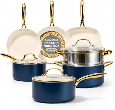 Gotham Steel 12 Pc Ceramic Cookware Set Nonstick Ceramic Pots and Pans Set Non Stick with Steamer for Cooking Non Toxic PFOA PFOS Free Premium Stay Cool Handles Oven Dishwasher Safe