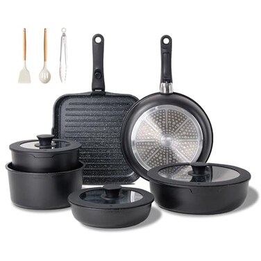 JEETEE Cookware Set 6 Essential Pots 19 Accessories Nonstick Pots and Pans with Detachable Handle for Induction Cooking RV Kitchen Space Saving PFAS Free Black