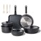 JEETEE Cookware Set 6 Essential Pots 19 Accessories Nonstick Pots and Pans with Detachable Handle for Induction Cooking RV Kitchen Space Saving PFAS Free Black