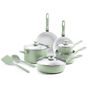 GreenPan Dover Healthy Ceramic Nonstick 12 Piece Cookware Pots and Pans Set PFASFree Dishwasher Safe Comfort Grip Handle Pastel Green