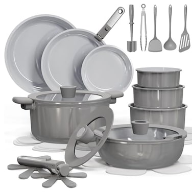 CAROTE 27pcs Ceramic Cookware Set Nonstick Pots and Pans Set Non Stick Non Toxic Cookware Detachable Handles DishwasherOven Safe RVCamping Cookware with Kitchen Utensils Gray