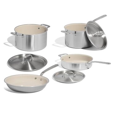 Made In Cookware 7Piece Ceramic Non Stick Pot and Pan Set Stainless Handle 5Ply Stainless Clad Professional Cookware Crafted in Italy Induction Compatible