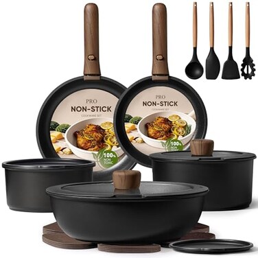 CAROTE 19pcs Pots and Pans Non Stick Cookware Sets Detachable Handle Induction Kitchen Pots and PansNonStick Cooking Set OvenDishwasherFridge Safe Space Saving