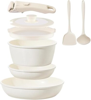 Coicur Ceramic Cookware Set Non Stick 8Pcs Pots and Pans Set Detachable Handle Induction Kitchen Cooking Set with Frying Pans Oven Dishwasher Safe PFASPFOA Free Cream White