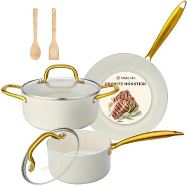 M MELENTA Pots and Pans Set Non Stick 7 Piece White Granite Induction Cookware Set Nonstick Kitchen Cooking Set with Gold Handle and Utensil Oven Safe PFOS PFOA Free