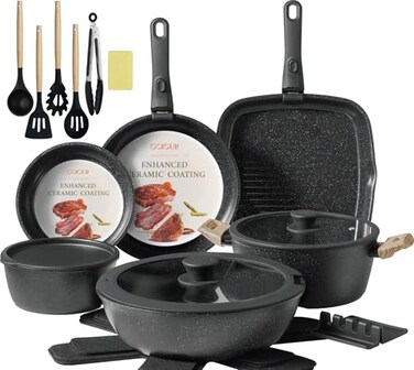 Coicur 23Pcs Ceramic Cookware Set Non Stick Pots and Pans Set Non Toxic with Detachable Handle Induction Kitchen Cookware Set Space Saving Oven Dishwasher Safe Black