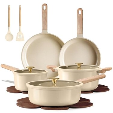 CAROTE 14Pcs Pots and Pans Set Non stick Ceramic Cookware Set Nontoxic Kitchen Cooking Set PFAS and PFOA Free
