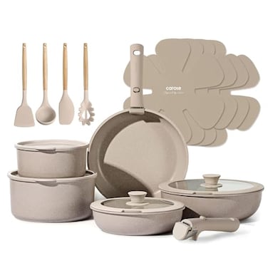 CAROTE 19pcs Pots and Pans Set Non Stick Nonstick Cookware Set Detachable Handle Induction Kitchen Cooking Sets with Removable Handle RV Kitchen Oven Safe Taupe