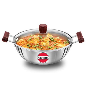 Hawkins 4 Litre Deep Kadhai Triply Stainless Steel Kadai with Glass Lid Flat Bottom Induction Kadhai Big Kadai Silver SSK40G