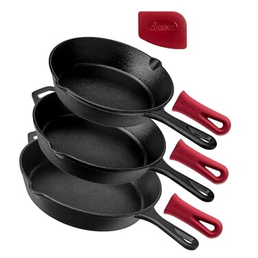 Cuisinel Cast Iron Skillet Set 8 10 12Inch PreSeasoned Frying Pans Silicone Handle Grip Covers IndoorOutdoor Oven Grill Stove BBQ Fire Induction Safe Kitchen and Camping Cookware