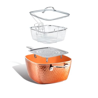Gotham Steel Nonstick Square Deep Frying Pan 95 Large Cooking Pan with Ceramic Nonstick Coating Deep Fryer Pot with Basket 4 Pc Titanium Ceramic with Lid Basket Steamer Tray Dishwasher Safe