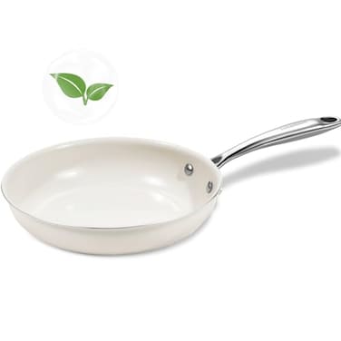 SAKAMOSH 8 Ceramic Frying Pan Nonstick Small Skillet Cooking Pan Non Toxic with Stay Cool Handle for Induction Chefs Pan PTFE PFAS PFOA Free DishwasherOven Safe White