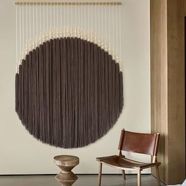 IOWER Macrame Wall Hanging Brown Yarn Beaded Backdrop Boho Wall Decor Round Tassel Home Wall Aesthetic Living Rooms Bedrooms Offices Geometric Art Chic Home Decor 39 W x 55 L