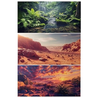 COMSUN 3 Pack Terrarium Background 36x18 inches Polyester Reptile Background Cloth Terrarium Backgrounds Gobi Sunshine Cactus Stone Green Tree Fern Stream Backgrounds