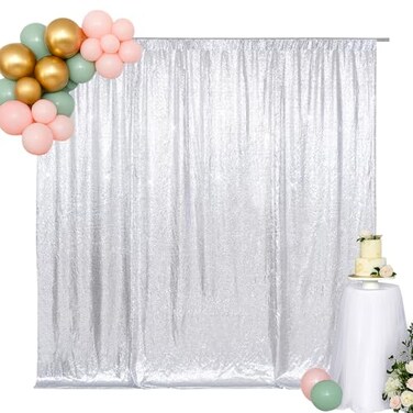 SquarePie 8x8ft Silver Sequin Backdrop for Photography SatinBacked Real Sequin Curtain Enhanced Coverage Shimmering Background with 4 Rod Pocket for Wedding Birthday Party Decor 1 Panel