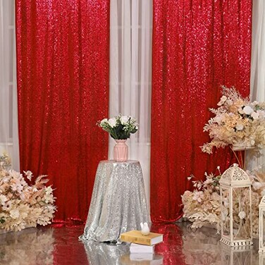 Poise3EHome Red Sequin Backdrop Curtain 2 Panels 2Ft x 8Ft Glitter Photography Back Drop for Wedding Birthday Christmas Valentines Day Carnival Party Decorations