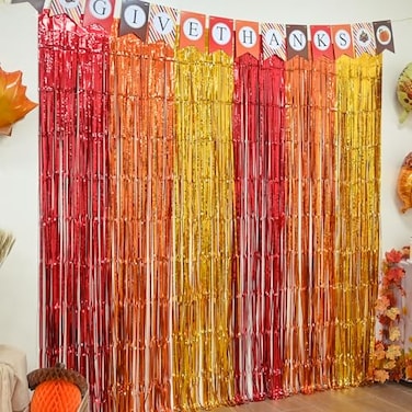 Mega-Loopolis MegaL Thanksgiving Decorations Friendsgiving Backdrop 2 Pack Red Orange Yellow 33x66 ft Foil Fringe Curtains Autumn Harvest Photo Booth Props Fall Streamers Thanksgiving Party Supplies B