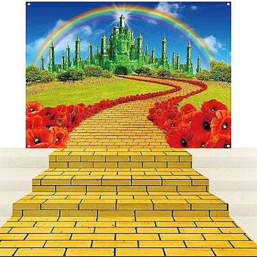 Jectivs 4Pack Yellow Brick Road Runner and Emerald Castle Backdrop for Wizard Party DecorationsYellow Brick Stone Road Leading Emerald Castle Rainbow Background for Photography Halloween Princess Part