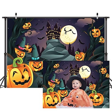 CYLYH 7x5ft Halloween Themed Photography Backdrop Castle Pumpkin Head Bats Moonlight Background Halloween Party Banner