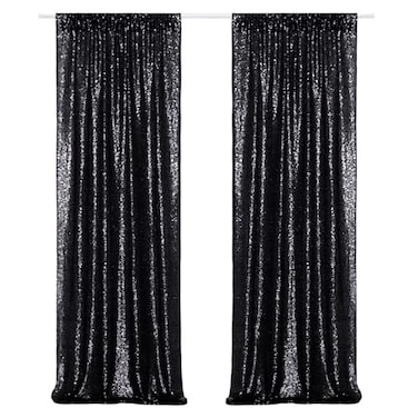 Poise3EHome Black Sequin Backdrop Curtains 2 Panels 2FTx8FT Glitter Photo Booth Backdrop for Halloween Birthday Bachelorette Wednesday Twilight Party Decorations
