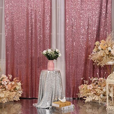 Poise3EHome 2Pcs 3Ft x 8Ft Fuchsia Pink Sequin Backdrop Curtain Glitter Photography Background Sequence Xmas Thanksgiving Backdrop for Wedding Party Holiday Festival Decor
