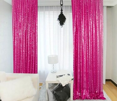 ShinyBeauty Sequin Curtains 2 Panels 2FTx8FT Hot Pink Glitter Backdrop Fuchsia Sequin Photo Backdrop Wedding Pics Backdrop Y1121
