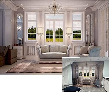 CSFOTO 7x5ft 3D Living Room Backdrop Sofa Carpet Crystal Chandelier Window Office Backdrop for Zoom Meeting Video Conferencing Backdrops for Video Recording Video Backdrops Background Home Office