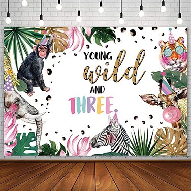 AIBIIN 7x5ft Young Wild and Three Birthday Backdrop Safari Jungle Wild Animals Third Birthday Party Decorations Supplies Young Wild and Three 3rd Bday Photography Background Banner Cake Table Props