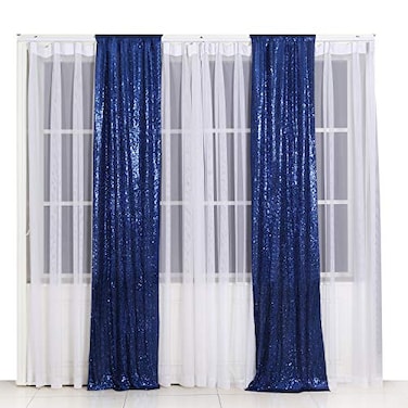 Poise3EHome 2ft x 8ft Blue Sequin Photography Backdrop Curtains 2 Panels for Party Decoration Navy Blue
