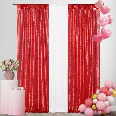 SquarePie Red Sequin Backdrop Curtain 2FT x 8FT 2pcs Background Sparkly for Valentines Day Wedding Christmas Mothers Day Party Decoration