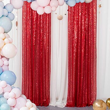 ShinyBeauty Sequin Curtains 2 Panels Red 2FTx8FT Sequin Photo Backdrop Red Sequin Backdrop Curtain Pack of 21011E
