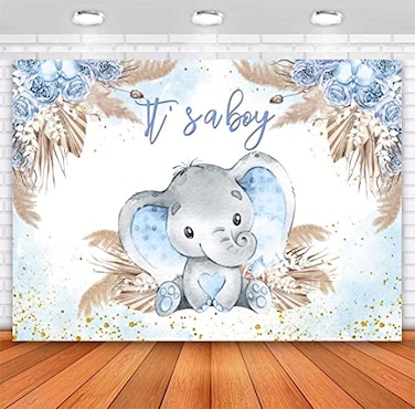 Sensfun Boho Elephant Baby Shower Backdrop for Boy Blue Pampas Grass Its a Boy Elephant Little Peanut Baby Shower Decorations Photography Background Cake Table Photoshoot Props 7x5ft