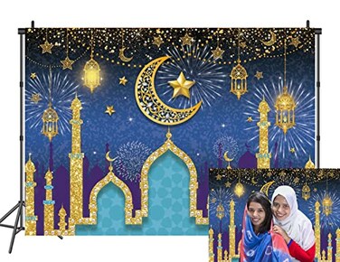 INRUI Eid Mubarak Photography Backdrop Muslim Arabian Night Backdrop Lantern Moon Star Castle Party Decorations Banner Blue 8x6FT