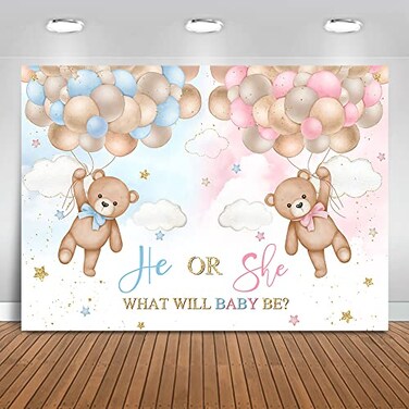 Mocsicka Gender Reveal Backdrop 7x5ft Blue Vinyl Fabric Photo Booth Props Cake Table Decoration We Can Bearly Wait