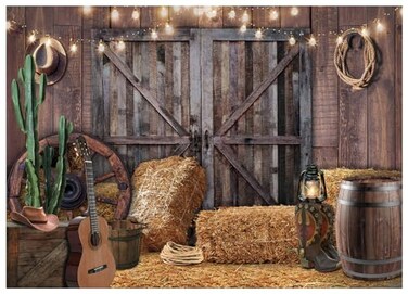 WOLADA Western Cowboy Theme Photography Backdrop Rustic Barn Door with Hay Bales Cactus Guitar String Lights Ideal for Country Style Photo Shoots Parties Studio Props 7x5FT 12534