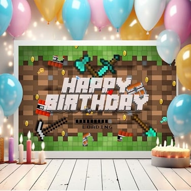 THCDHPD 3x5Ft Pixel Birthday Backdrop Large Sandbox Theme Party Decorations Miner Party Supplies Video Game Banner for Theme Party Birthday