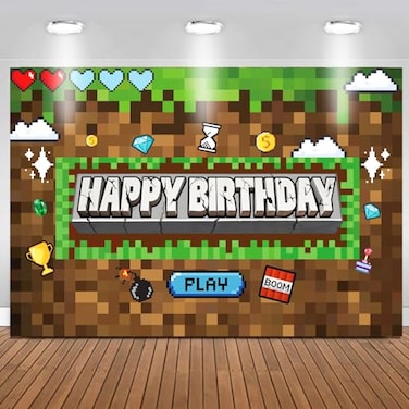 Satankya Pixel Birthday Party Decorations Pixel Video Game Banner for Miner Birthday Party Backdrop Photo Background Wall Decor Mining Party Supplies