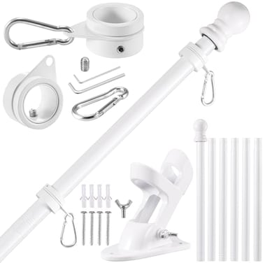 BONWIN White Flag Pole Kit for Outside House 7FT Thickened Stainless Steel Wall Mount Flag Pole for 3x5 4x6 Flag 1 AntiWrap Spinning Flag Ring Clips 2Position Bracket Holder for Porch Yard