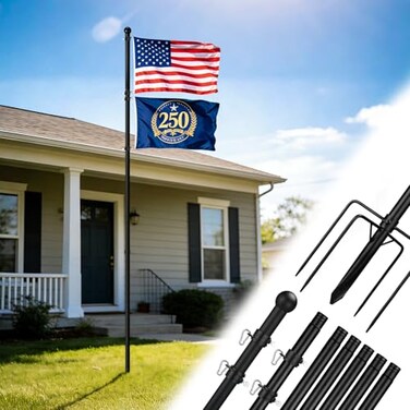 Acostop 10 FT In Ground Flag Poles for Outside House Fit for 2 Flags Extra Thick Flag Pole Kit with 5 Prongs Base Windproof Ground FlagPoles for Residential Small Medium Lawn Temporary Event