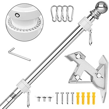 FIASON 5 FT House Flag Pole Kit with 2Position Flagpole Holder Bracket for Outside House Outdoor Porch 5 FT Silver